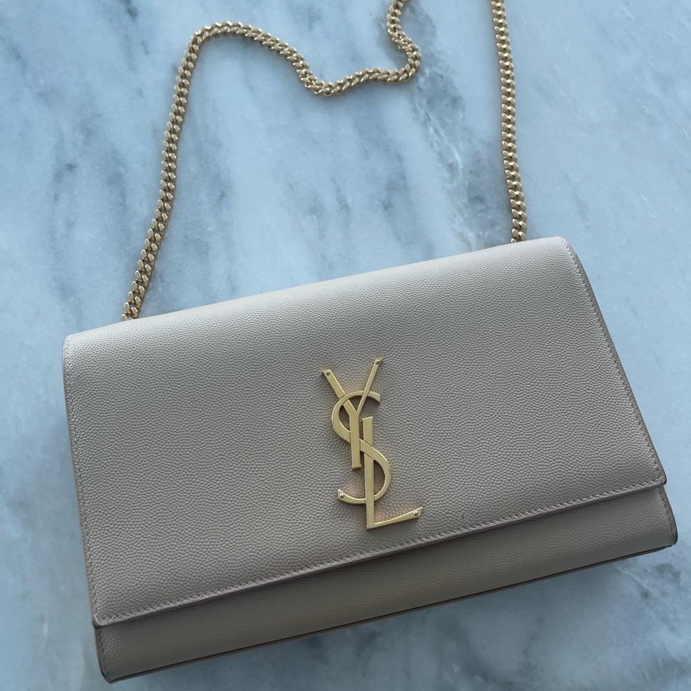 Yves Saint Laurent Beige Leather YSL Chain Shoulder Bag with Gold Hardware